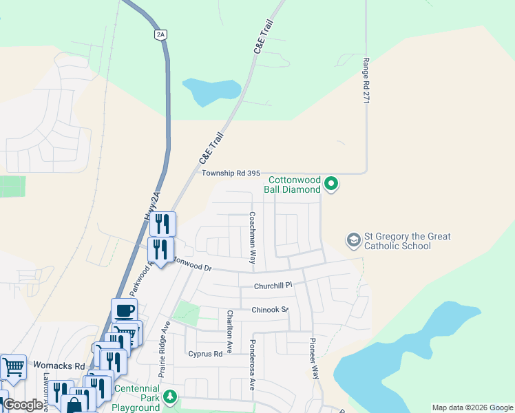 map of restaurants, bars, coffee shops, grocery stores, and more near 93 Coachman Way in Blackfalds