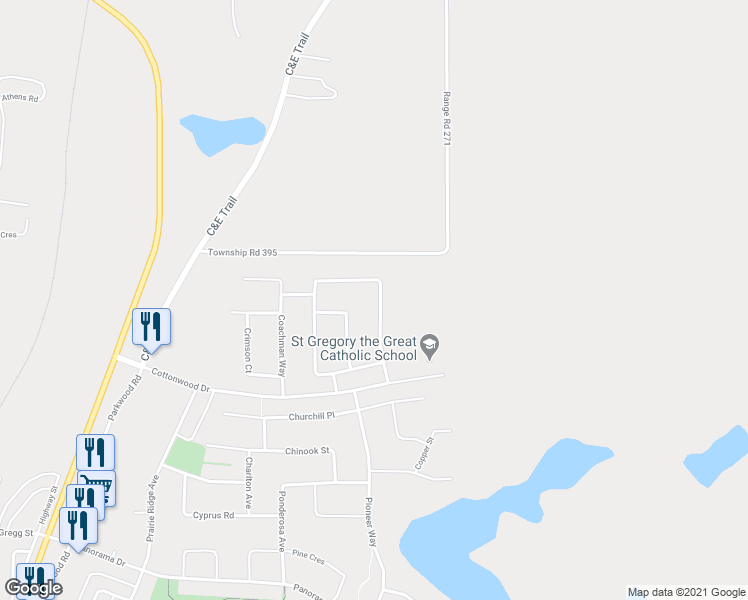 map of restaurants, bars, coffee shops, grocery stores, and more near 66 Cedar Square in Blackfalds