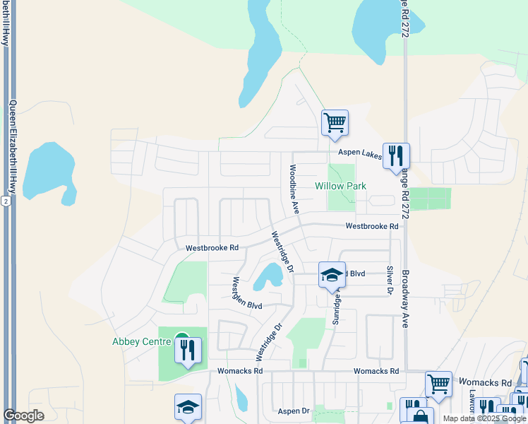 map of restaurants, bars, coffee shops, grocery stores, and more near 201 Westgate Crescent in Blackfalds