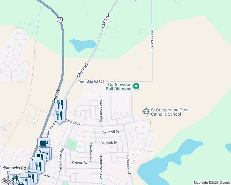 map of restaurants, bars, coffee shops, grocery stores, and more near 77 Cedar Square in Blackfalds