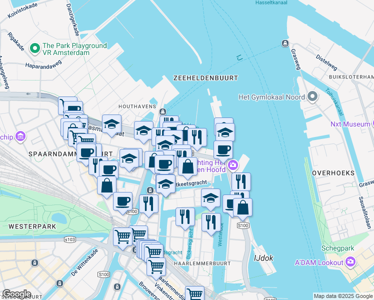 map of restaurants, bars, coffee shops, grocery stores, and more near 206 Van Diemenstraat in Amsterdam