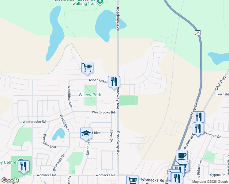 map of restaurants, bars, coffee shops, grocery stores, and more near 5001 Aspen Lakes Boulevard in Blackfalds