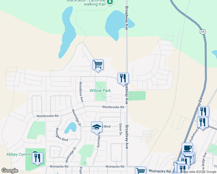 map of restaurants, bars, coffee shops, grocery stores, and more near 5 Winston Place in Blackfalds