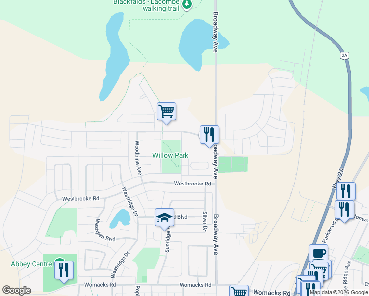 map of restaurants, bars, coffee shops, grocery stores, and more near 5 Winston Place in Blackfalds