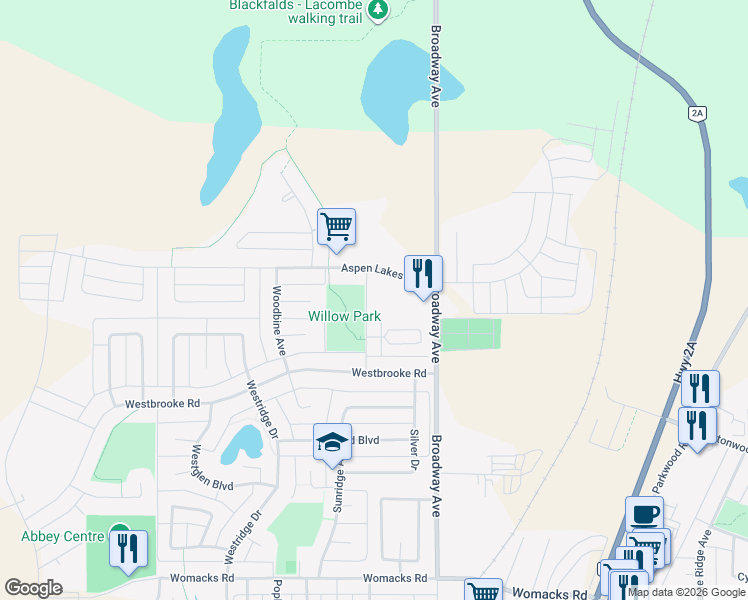 map of restaurants, bars, coffee shops, grocery stores, and more near 5 Winston Place in Blackfalds