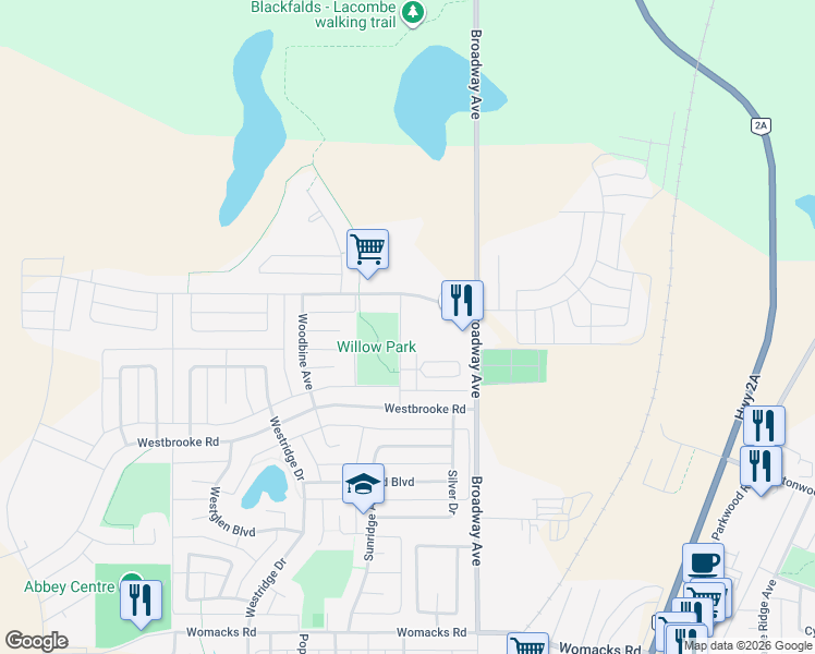 map of restaurants, bars, coffee shops, grocery stores, and more near 5 Winston Place in Blackfalds