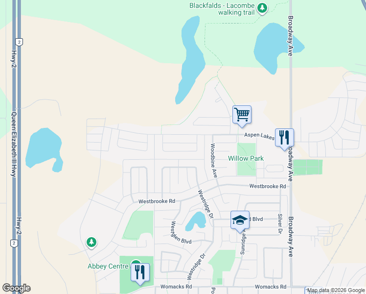 map of restaurants, bars, coffee shops, grocery stores, and more near 88 Almond Crescent in Blackfalds