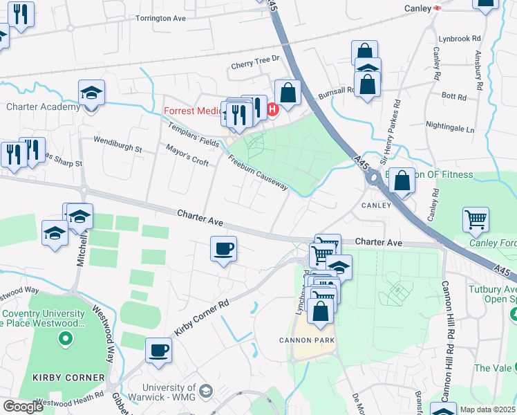 map of restaurants, bars, coffee shops, grocery stores, and more near Thimbler Road in Coventry
