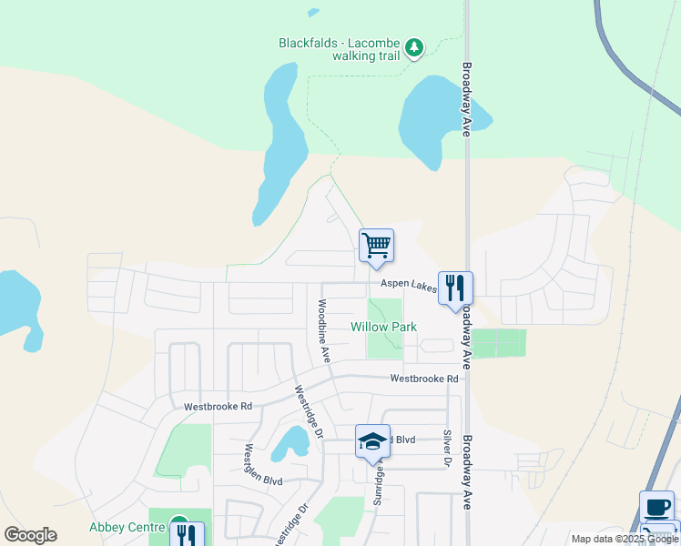 map of restaurants, bars, coffee shops, grocery stores, and more near 4910 Aspen Lakes Boulevard in Blackfalds