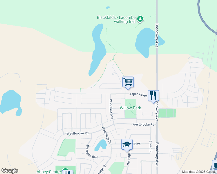 map of restaurants, bars, coffee shops, grocery stores, and more near 4910 Aspen Lakes Boulevard in Blackfalds