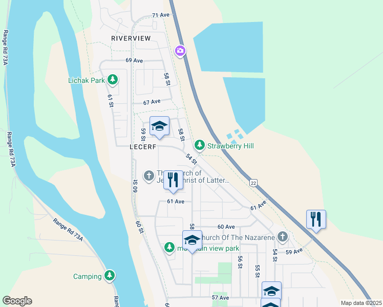 map of restaurants, bars, coffee shops, grocery stores, and more near 6415 54 Street in Rocky Mountain House