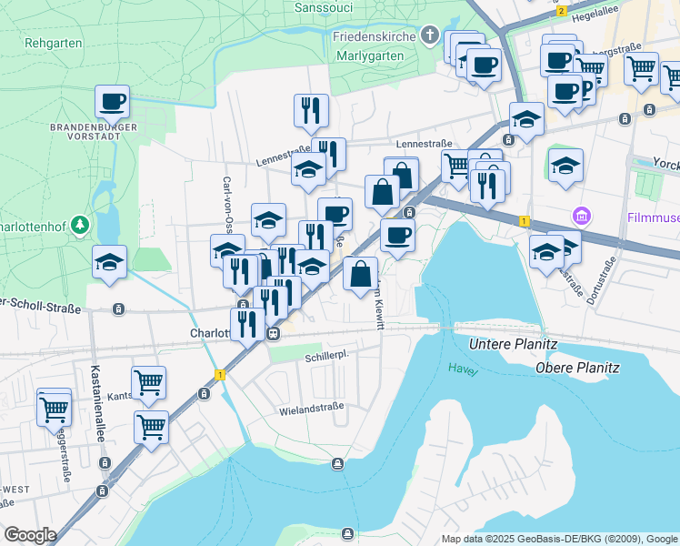 map of restaurants, bars, coffee shops, grocery stores, and more near 161 Zeppelinstraße in Potsdam
