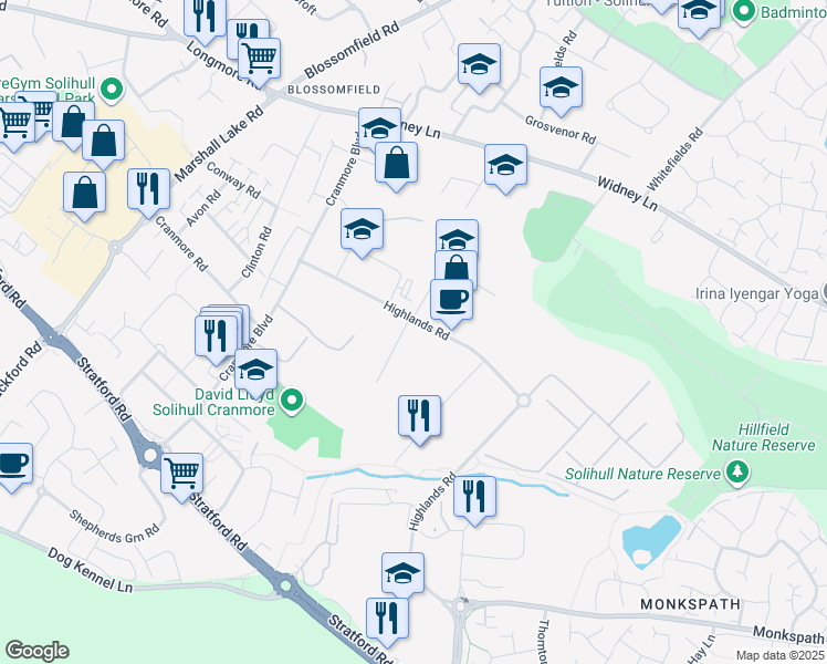 map of restaurants, bars, coffee shops, grocery stores, and more near Stirling Road in Shirley