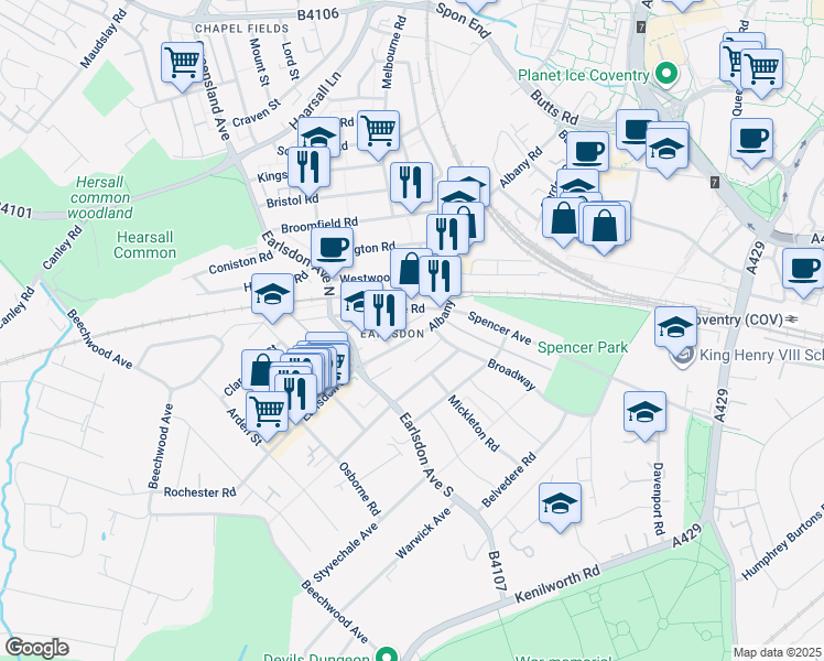 map of restaurants, bars, coffee shops, grocery stores, and more near Albany Road in West Midlands