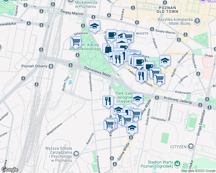map of restaurants, bars, coffee shops, grocery stores, and more near 1A Wierzbięcice in Poznań