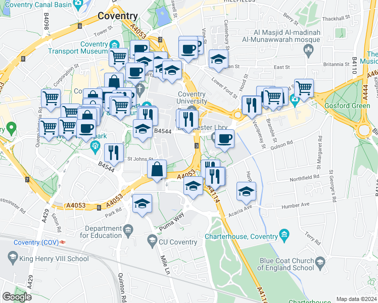 map of restaurants, bars, coffee shops, grocery stores, and more near Whitefriars Lane in West Midlands