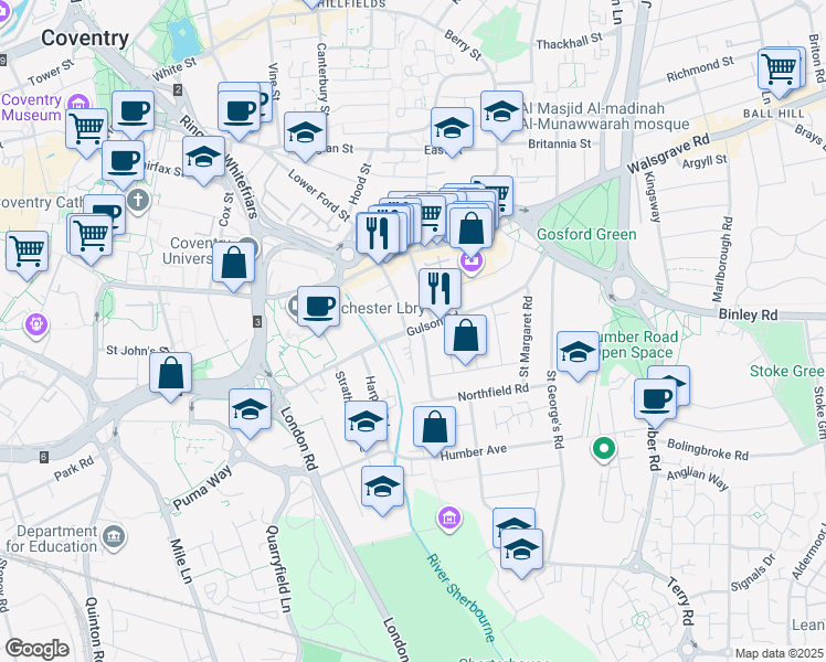 map of restaurants, bars, coffee shops, grocery stores, and more near Gulson Road in West Midlands
