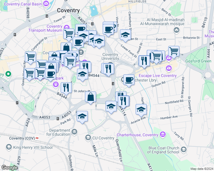 map of restaurants, bars, coffee shops, grocery stores, and more near Whitefriars Lane in West Midlands