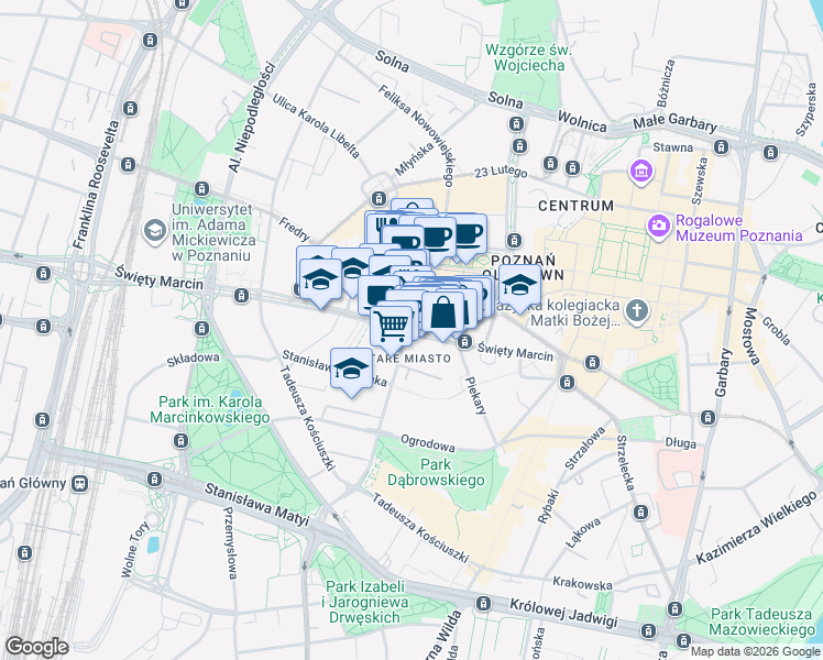 map of restaurants, bars, coffee shops, grocery stores, and more near 38 Ratajczaka in Poznań