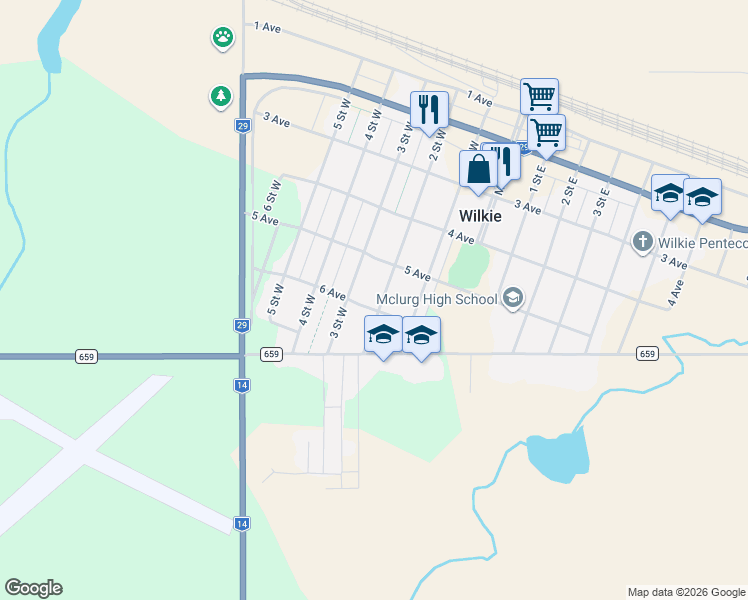 map of restaurants, bars, coffee shops, grocery stores, and more near 515 2 Street West in Wilkie