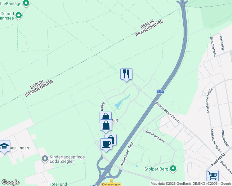 map of restaurants, bars, coffee shops, grocery stores, and more near 9 Albert-Einstein-Ring in Kleinmachnow
