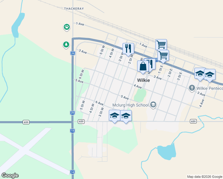 map of restaurants, bars, coffee shops, grocery stores, and more near 415 5 Avenue in Wilkie