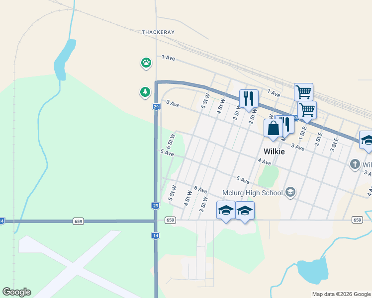 map of restaurants, bars, coffee shops, grocery stores, and more near 401 5 Street West in Wilkie