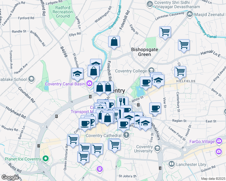 map of restaurants, bars, coffee shops, grocery stores, and more near in Coventry