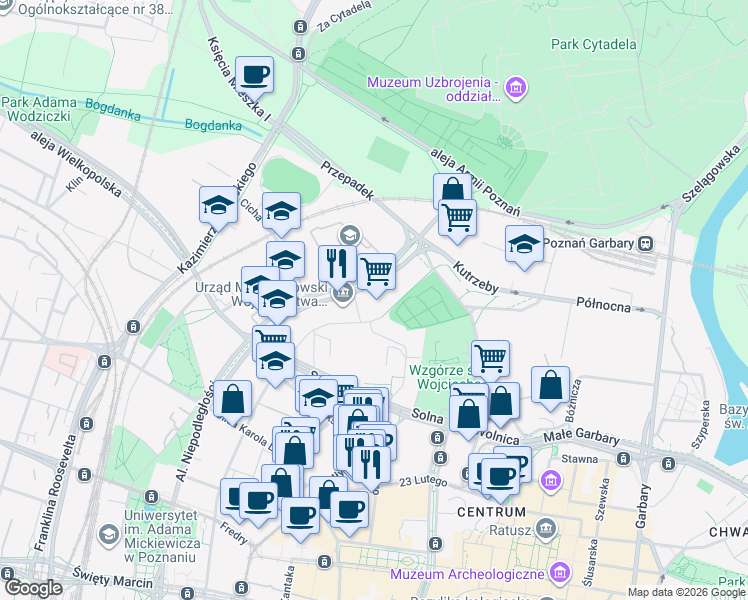 map of restaurants, bars, coffee shops, grocery stores, and more near 36 aleja Niepodległości in Poznan
