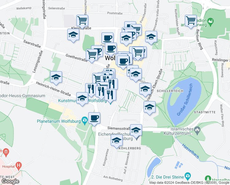 map of restaurants, bars, coffee shops, grocery stores, and more near 51 Porschestraße in Wolfsburg