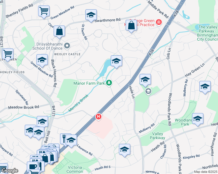map of restaurants, bars, coffee shops, grocery stores, and more near 389 Bristol Road South in West Midlands