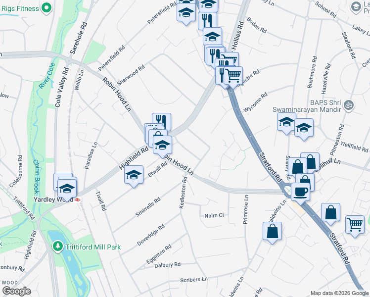 map of restaurants, bars, coffee shops, grocery stores, and more near Blackburne Road in West Midlands