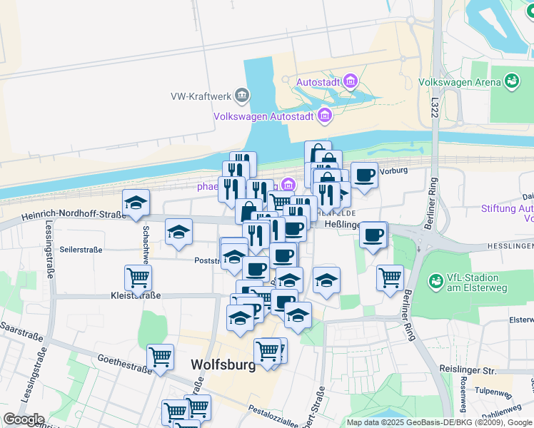 map of restaurants, bars, coffee shops, grocery stores, and more near 8 Willy-Brandt-Platz in Wolfsburg