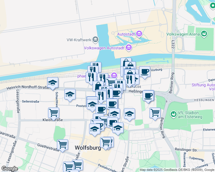map of restaurants, bars, coffee shops, grocery stores, and more near 8 Willy-Brandt-Platz in Wolfsburg