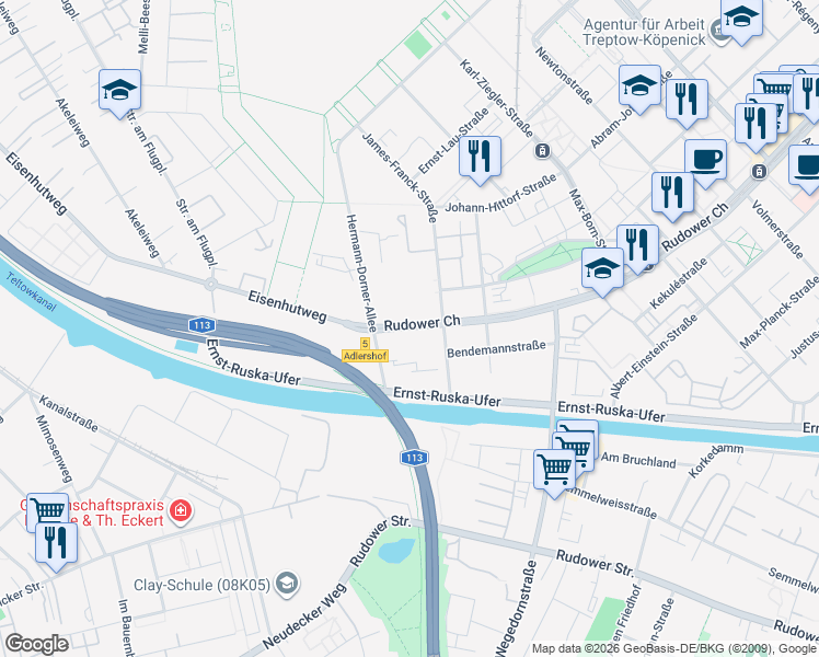 map of restaurants, bars, coffee shops, grocery stores, and more near 50 Rudower Chaussee in Berlin