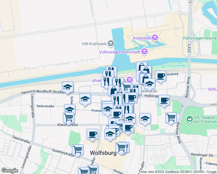 map of restaurants, bars, coffee shops, grocery stores, and more near 4 Willy-Brandt-Platz in Wolfsburg