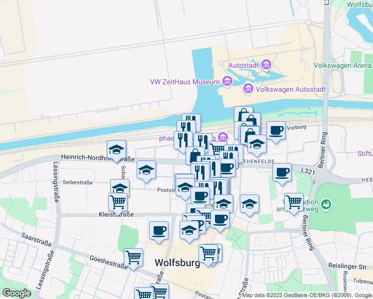 map of restaurants, bars, coffee shops, grocery stores, and more near 4 Willy-Brandt-Platz in Wolfsburg