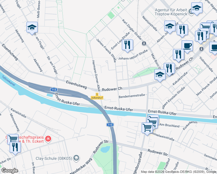 map of restaurants, bars, coffee shops, grocery stores, and more near 50 Rudower Chaussee in Berlin