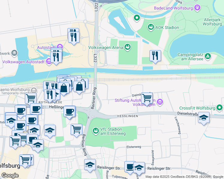 map of restaurants, bars, coffee shops, grocery stores, and more near 4 Maybachweg in Wolfsburg