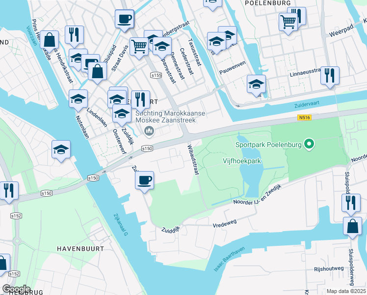 map of restaurants, bars, coffee shops, grocery stores, and more near 278 Wibautstraat in Zaandam
