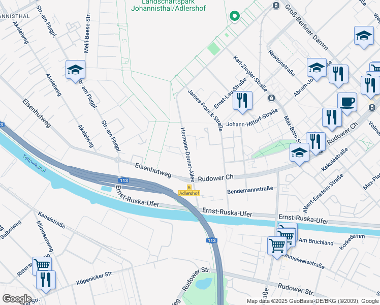 map of restaurants, bars, coffee shops, grocery stores, and more near 89 Hermann-Dorner-Allee in Berlin