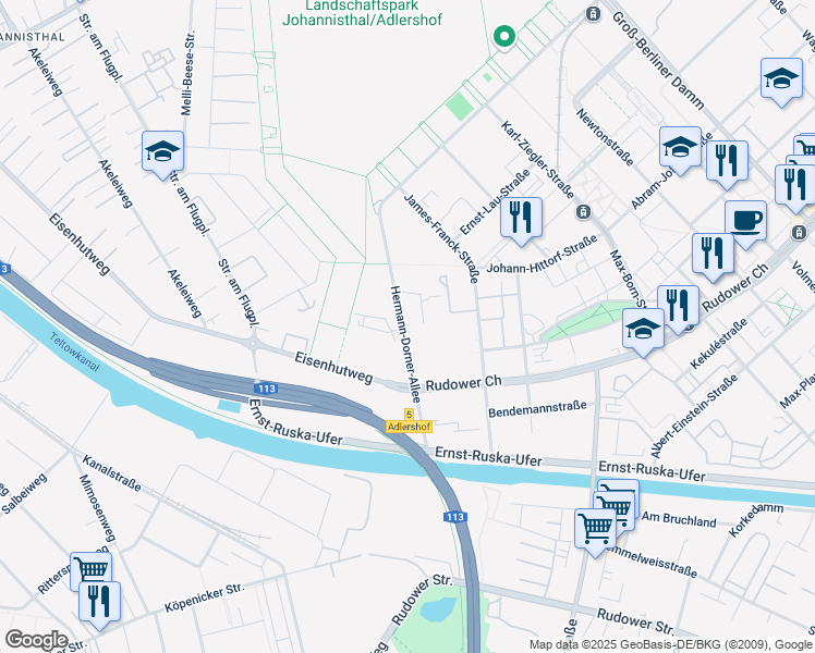 map of restaurants, bars, coffee shops, grocery stores, and more near 89 Hermann-Dorner-Allee in Berlin