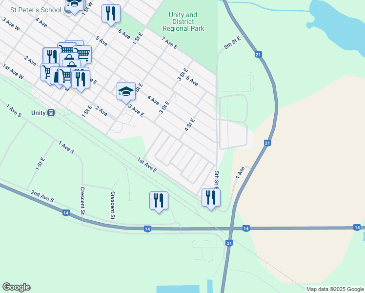 map of restaurants, bars, coffee shops, grocery stores, and more near 473 3 Avenue East in Unity