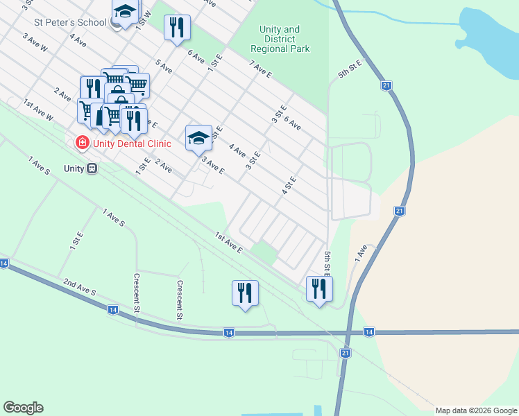 map of restaurants, bars, coffee shops, grocery stores, and more near 437 3 Avenue East in Unity