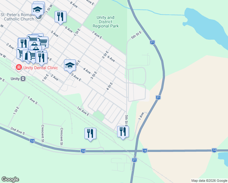 map of restaurants, bars, coffee shops, grocery stores, and more near 513 4 Avenue in Unity