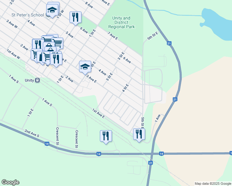 map of restaurants, bars, coffee shops, grocery stores, and more near 473 3 Avenue East in Unity