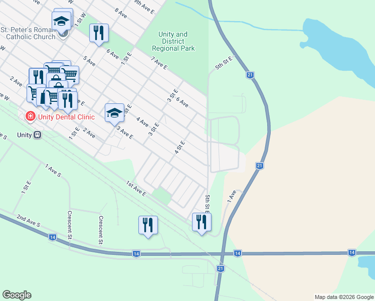 map of restaurants, bars, coffee shops, grocery stores, and more near 513 4 Avenue in Unity
