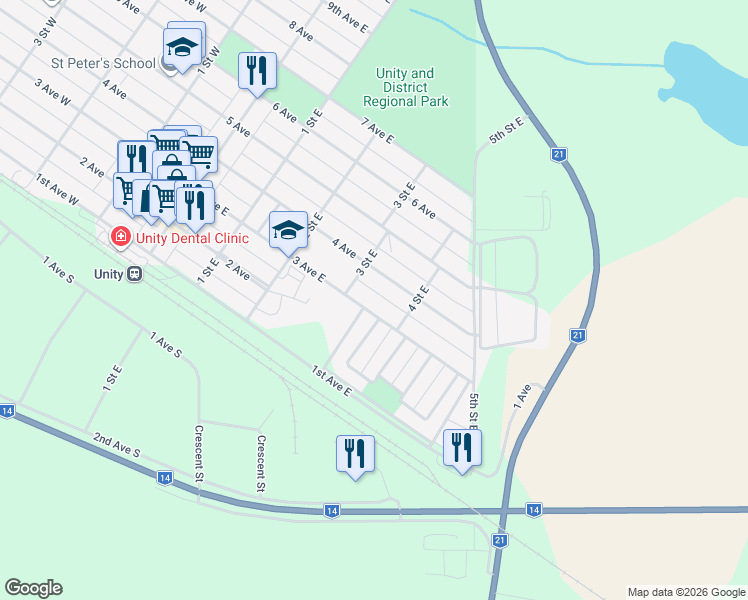 map of restaurants, bars, coffee shops, grocery stores, and more near 437 3 Avenue East in Unity