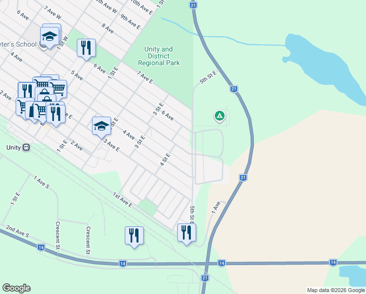map of restaurants, bars, coffee shops, grocery stores, and more near 525 5 Avenue in Unity