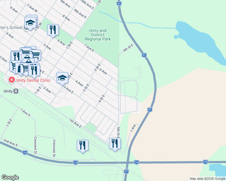 map of restaurants, bars, coffee shops, grocery stores, and more near 525 5 Avenue in Unity